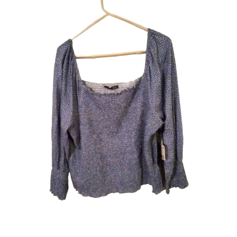 Black Tape Smocked Blouson Sky Blue Dot Cottage Core Poet Sleeved Plus Top 2X
